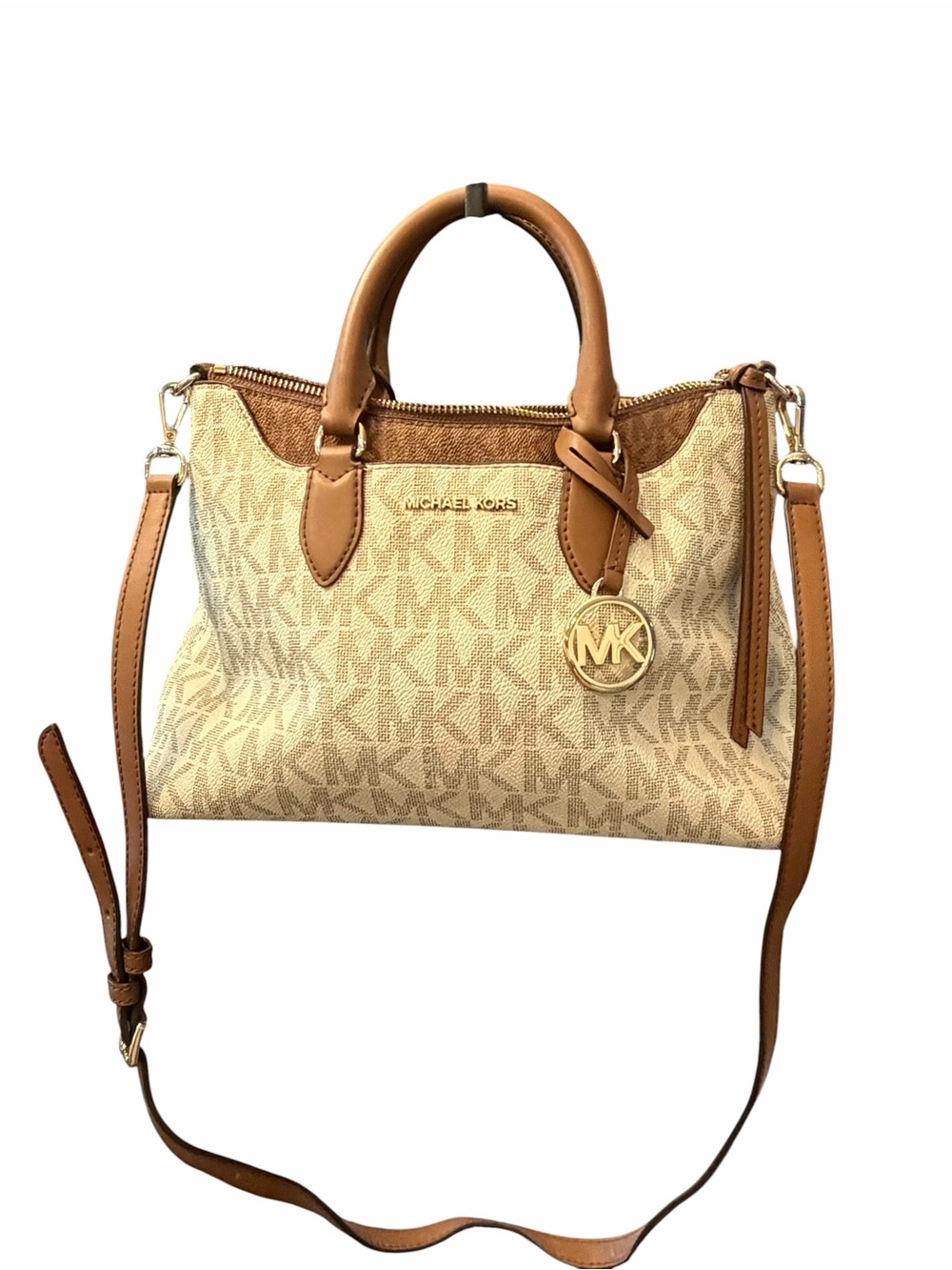 Michael Kors Austen Small Signature Logo Satchel Vanilla Brown Leather Trim